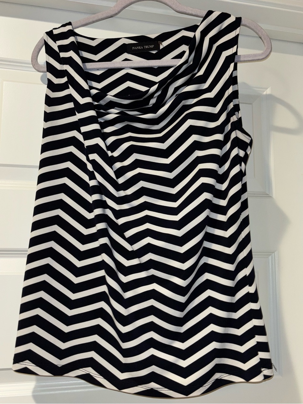 Ivanka Trump Navy & White Chevron Cowl Neck Blouse